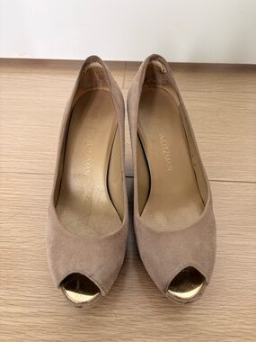 Stuart Weitzman Taupe Suede Peep-Toe Pumps with Gold Toe Accent
